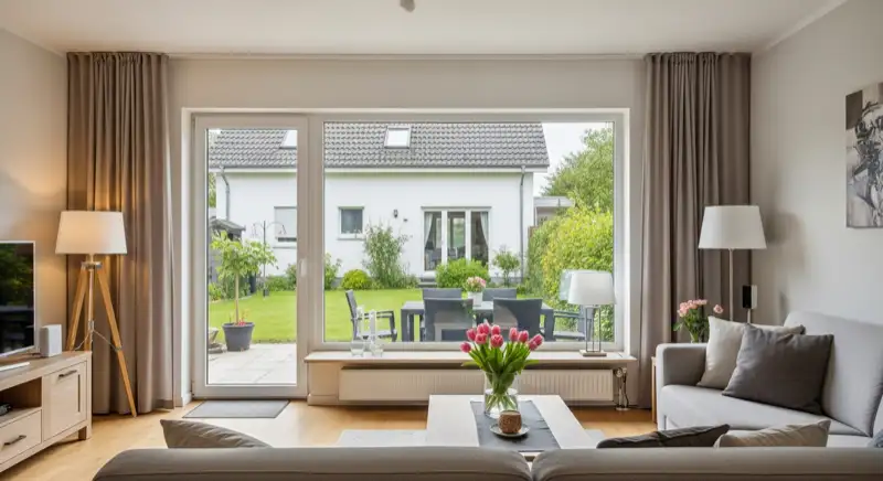 Wohnzimmer mit großer weißer Kunststoff-Fenstertür, dahinter Terrasse mit Sitzgruppe, Rasen und Nachbarhaus, im Vordergrund Sofa und Tulpen auf dem Couchtisch