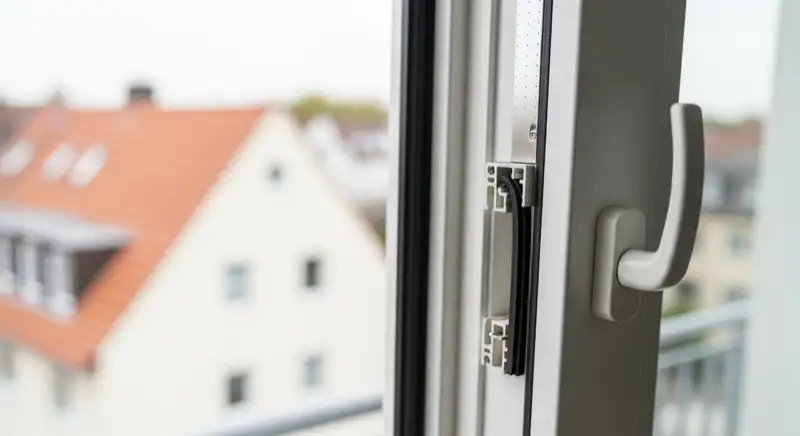 Seitlich geöffneter weißer Fensterflügel mit schwarzem Dichtungsprofil und metallenen Beschlagteilen im Falz, daneben der weiße Griff