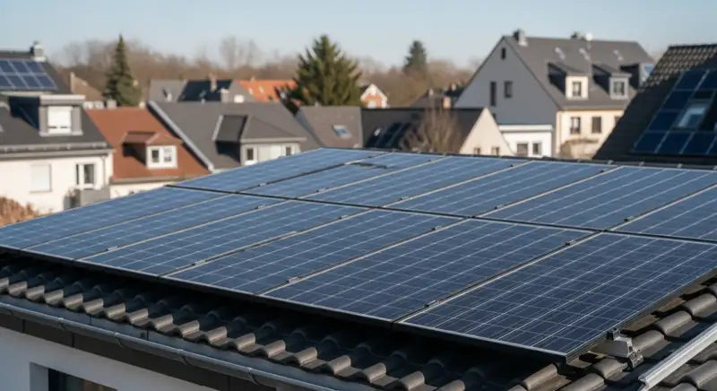 Monokristalline PV-Module auf typischem Aachener Einfamilienhaus-Dach mit 42° Neigung