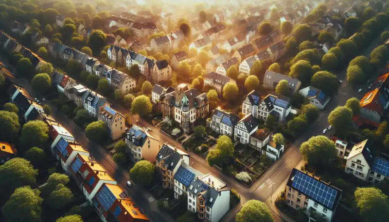 Luftbild eines Aachener Wohnviertels mit mehreren Solaranlagen auf den Dächern