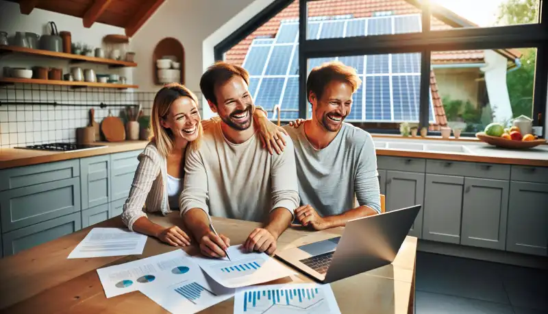 Familie in Aachen prüft die Fördermöglichkeiten für ihre Photovoltaikanlage am Laptop
