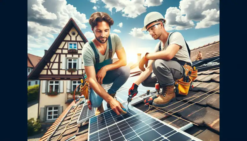 Professionelle Solarinstallateure bei der Montage auf einem Aachener Hausdach