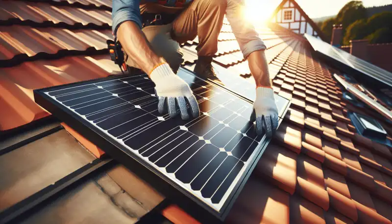 Solarmodule werden auf einem Aachener Dach montiert, Nahaufnahme der Befestigung