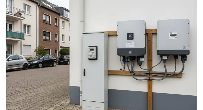 Modern German electrical meter cabinet (Zählerschrank) with smart meter and solar inverter connection, clean technical installation