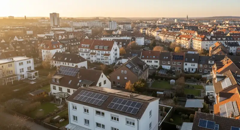 Aerial drone view of typical German residential neighborhood with mixed roof types, red and dark roof tiles, gardens visible, sunny day
