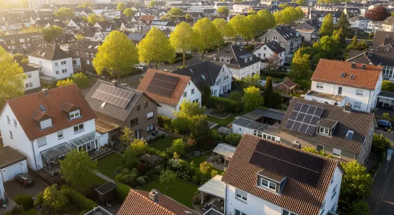 Aerial drone view of typical German residential neighborhood with mixed roof types, red and dark roof tiles, gardens visible, sunny day