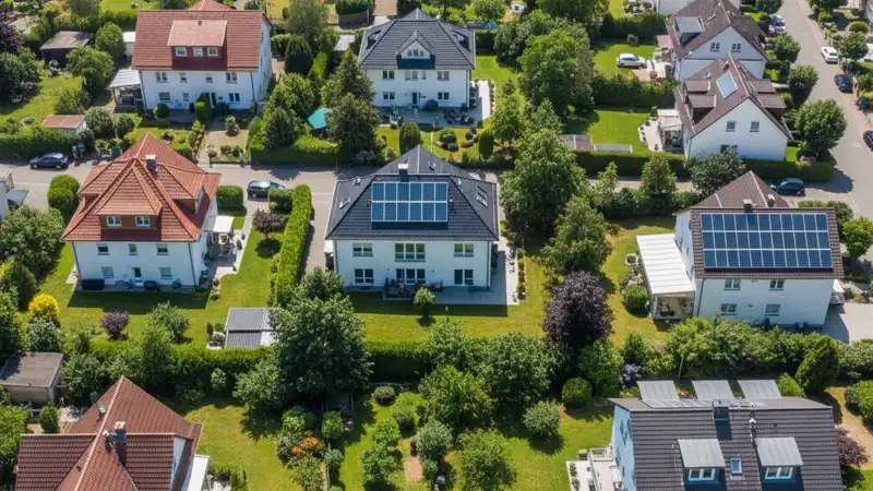 Aerial drone view of typical German residential neighborhood with mixed roof types, red and dark roof tiles, gardens visible, sunny day