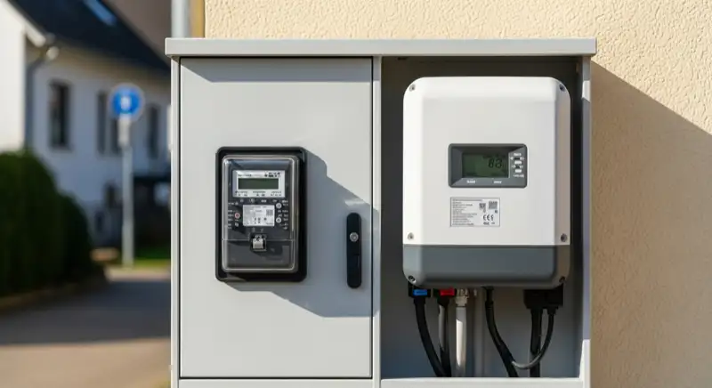 Modern German electrical meter cabinet (Zählerschrank) with smart meter and solar inverter connection, clean technical installation