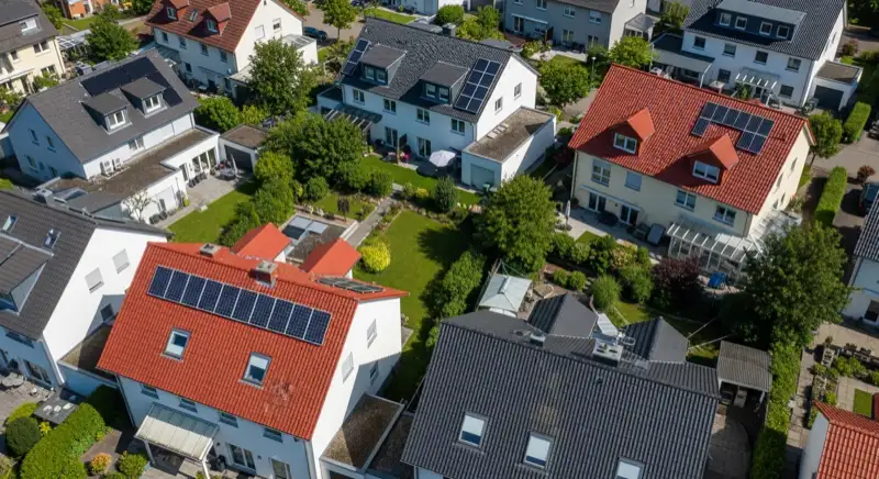 Aerial drone view of typical German residential neighborhood with mixed roof types, red and dark roof tiles, gardens visible, sunny day