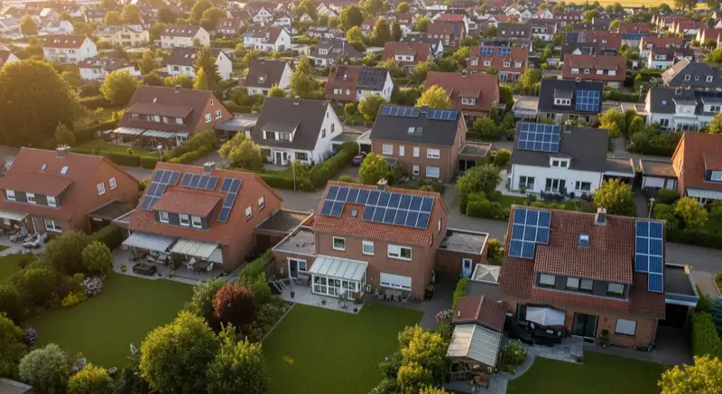 Aerial drone view of typical German residential neighborhood with mixed roof types, red and dark roof tiles, gardens visible, sunny day