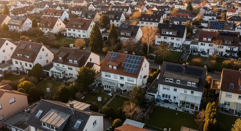 Aerial drone view of typical German residential neighborhood with mixed roof types, red and dark roof tiles, gardens visible, sunny day