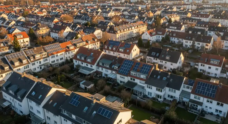 Aerial drone view of typical German residential neighborhood with mixed roof types, red and dark roof tiles, gardens visible, sunny day