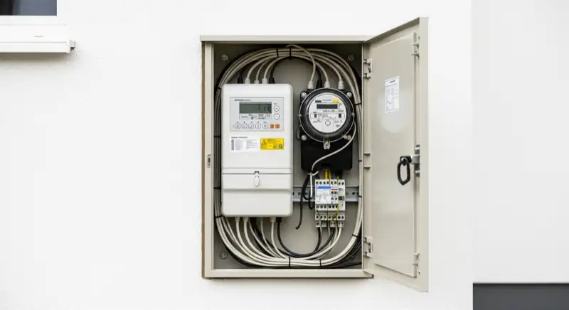 Modern German electrical meter cabinet (Zählerschrank) with smart meter and solar inverter connection, clean technical installation