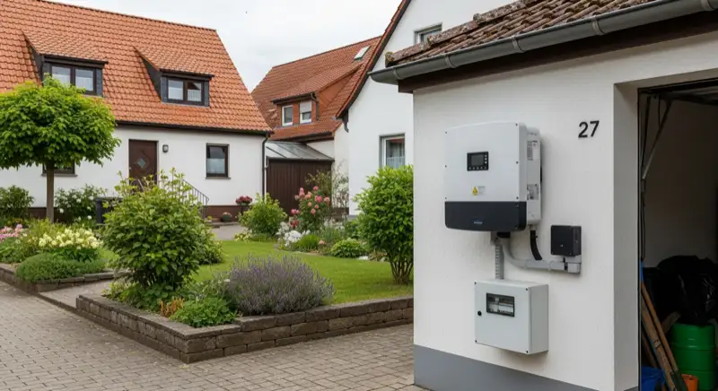Modern solar inverter mounted on garage wall next to electrical panel, clean professional installation, natural daylight