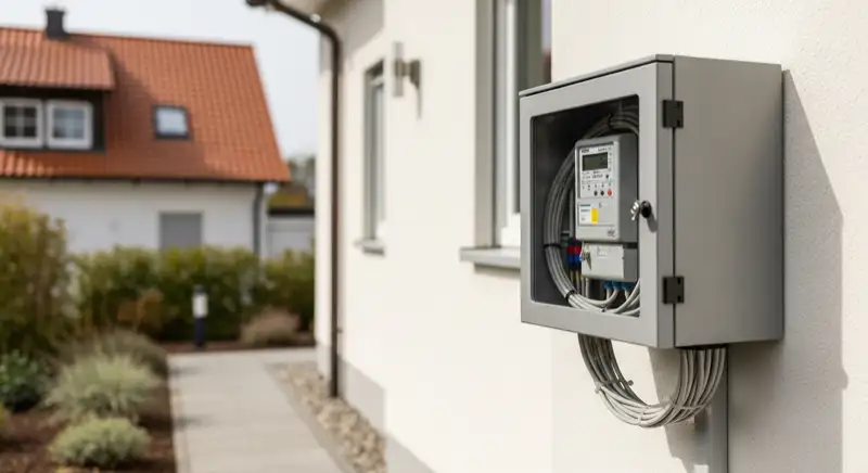 Modern German electrical meter cabinet (Zählerschrank) with smart meter and solar inverter connection, clean technical installation