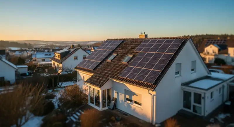 Photovoltaikdach an einem Wohnhaus im winterlichen Sauerland bei Attendorn
