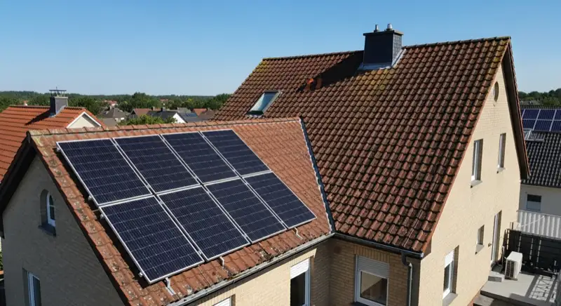 Close-up of photovoltaic solar panels installed on a traditional German Satteldach (gabled roof), blue sky with some clouds