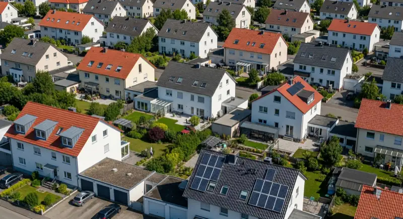 Aerial drone view of typical German residential neighborhood with mixed roof types, red and dark roof tiles, gardens visible, sunny day