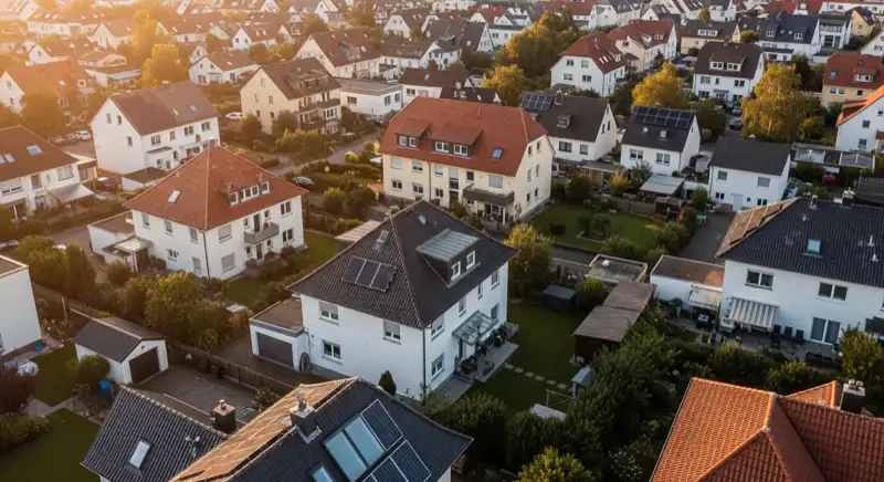 Aerial drone view of typical German residential neighborhood with mixed roof types, red and dark roof tiles, gardens visible, sunny day
