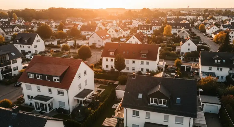 Aerial drone view of typical German residential neighborhood with mixed roof types, red and dark roof tiles, gardens visible, sunny day