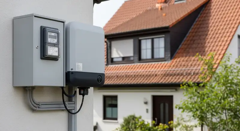 Modern German electrical meter cabinet (Zählerschrank) with smart meter and solar inverter connection, clean technical installation