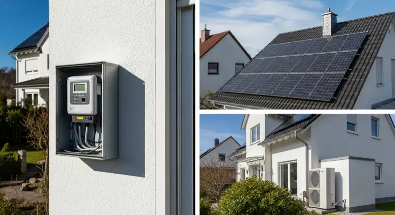 Modern German electrical meter cabinet (Zählerschrank) with smart meter and solar inverter connection, clean technical installation