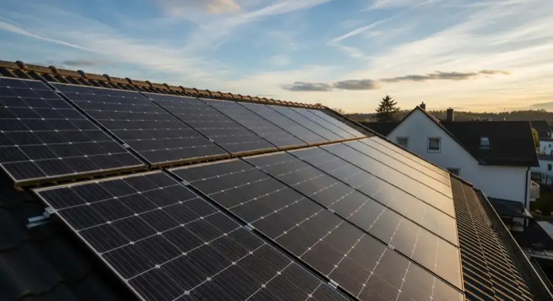 Close-up of photovoltaic solar panels installed on a traditional German Satteldach (gabled roof), blue sky with some clouds