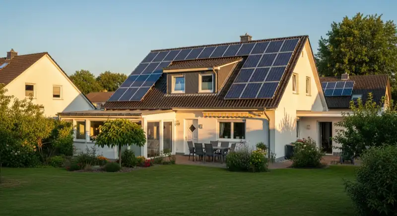German detached house (Einfamilienhaus) with photovoltaic panels on pitched roof, well-maintained garden, warm afternoon sunlight