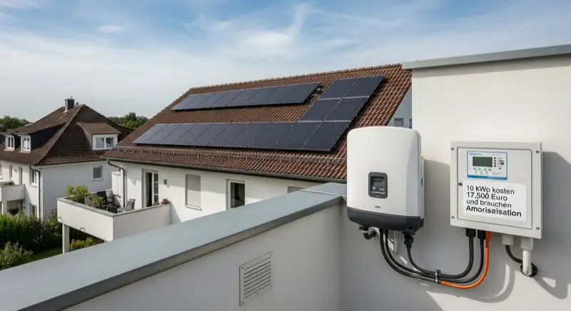 Modern German electrical meter cabinet (Zählerschrank) with smart meter and solar inverter connection, clean technical installation
