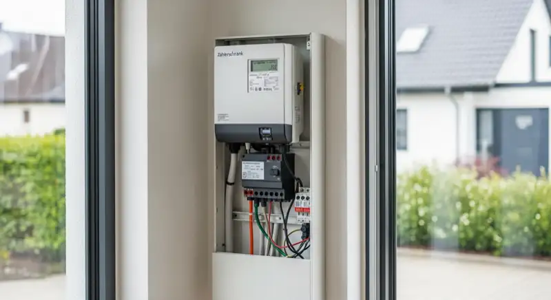 Modern German electrical meter cabinet (Zählerschrank) with smart meter and solar inverter connection, clean technical installation
