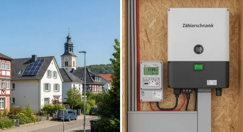 Modern German electrical meter cabinet (Zählerschrank) with smart meter and solar inverter connection, clean technical installation