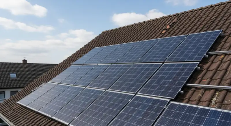Nahaufnahme sauber montierter Photovoltaikmodule auf einem deutschen Satteldach