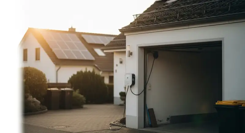 Garage eines Wohnhauses in Bad Honnef mit Wallbox und Photovoltaikdach im Hintergrund