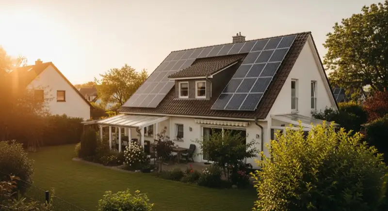 German detached house (Einfamilienhaus) with photovoltaic panels on pitched roof, well-maintained garden, warm afternoon sunlight