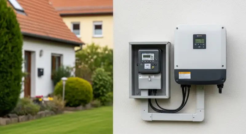 Modern German electrical meter cabinet (Zählerschrank) with smart meter and solar inverter connection, clean technical installation