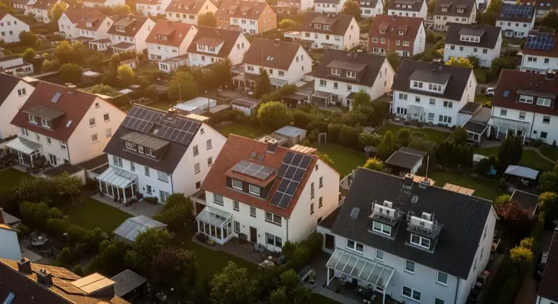Aerial drone view of typical German residential neighborhood with mixed roof types, red and dark roof tiles, gardens visible, sunny day