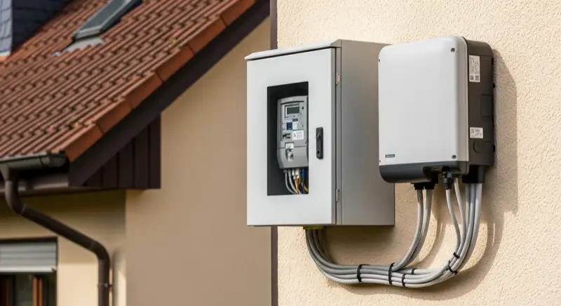 Modern German electrical meter cabinet (Zählerschrank) with smart meter and solar inverter connection, clean technical installation