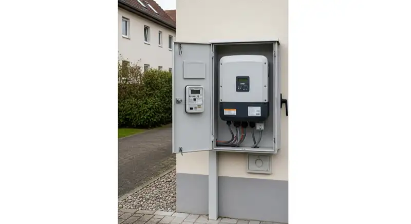 Modern German electrical meter cabinet (Zählerschrank) with smart meter and solar inverter connection, clean technical installation