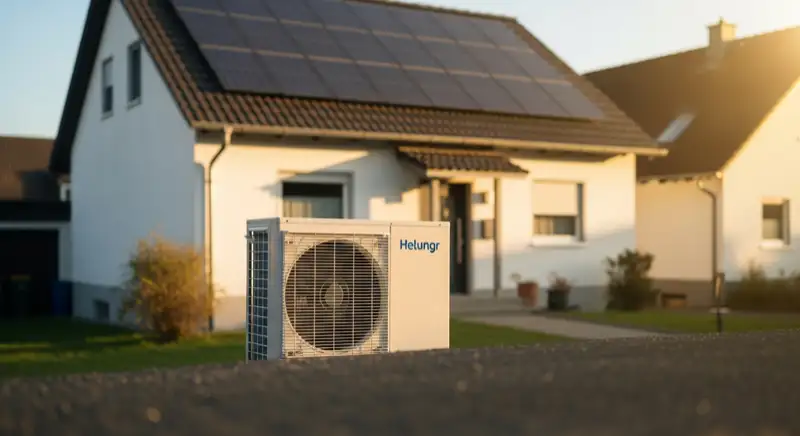 Moderne Luft-Wasser-Wärmepumpe vor Bergheimer Einfamilienhaus mit PV-Anlage auf dem Dach