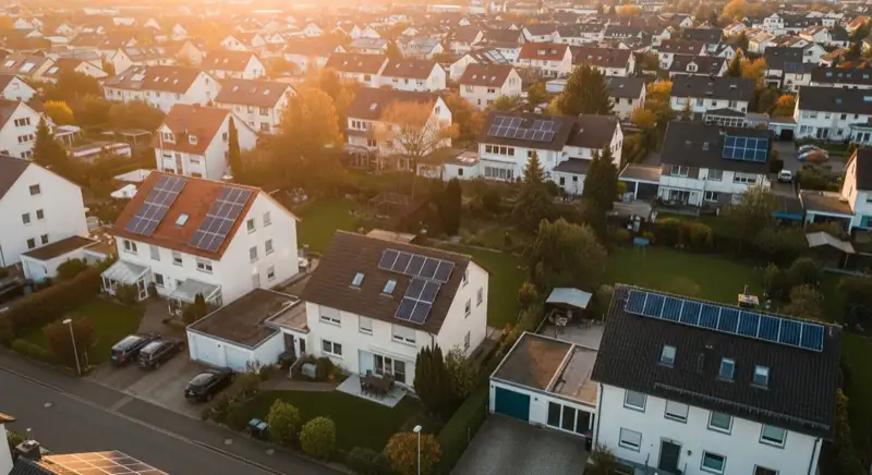 Aerial drone view of typical German residential neighborhood with mixed roof types, red and dark roof tiles, gardens visible, sunny day