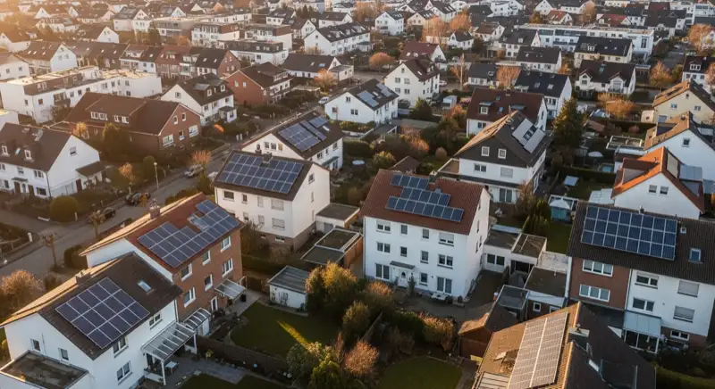 Aerial drone view of typical German residential neighborhood with mixed roof types, red and dark roof tiles, gardens visible, sunny day