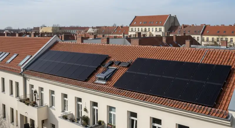 Berliner Gründerzeit-Altbau mit dezent integrierten schwarzen Solarmodulen auf dem Dach