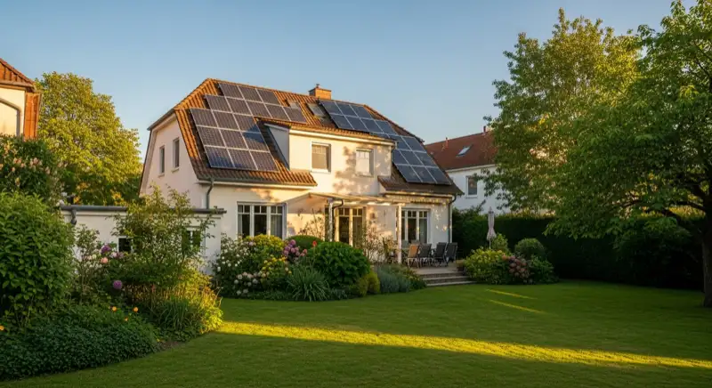 Berliner Einfamilienhaus mit Solaranlage in der Nachmittagssonne