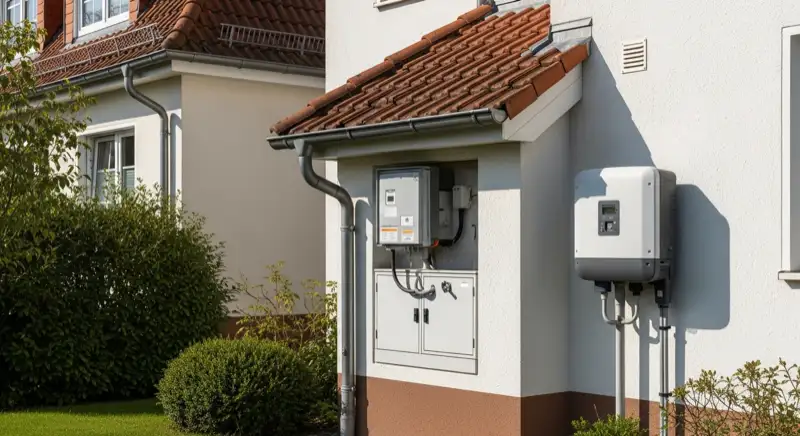 Modern German electrical meter cabinet (Zählerschrank) with smart meter and solar inverter connection, clean technical installation