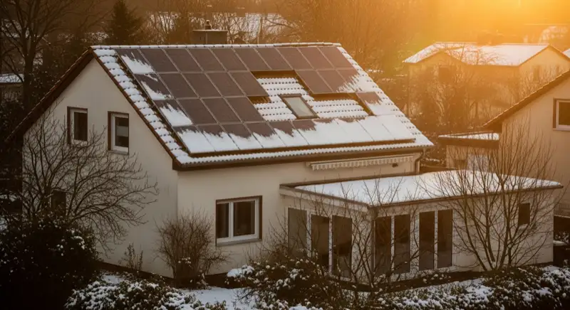 Winterliches Einfamilienhaus in Bernau bei Berlin mit Photovoltaik-Dach und Schnee am Rand