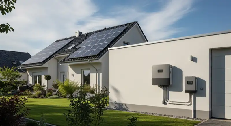 Modern solar inverter mounted on garage wall next to electrical panel, clean professional installation, natural daylight
