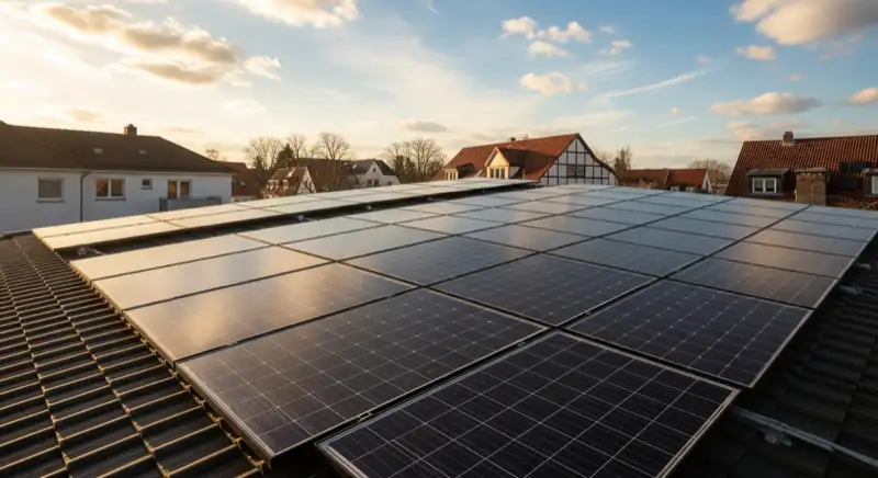Close-up of photovoltaic solar panels installed on a traditional German Satteldach (gabled roof), blue sky with some clouds