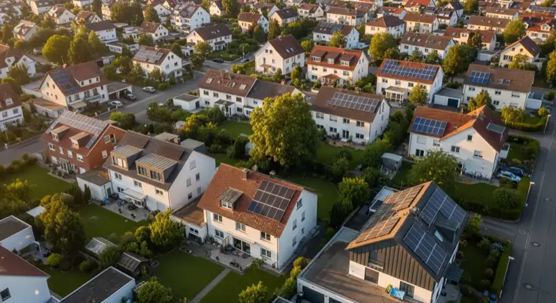 Aerial drone view of typical German residential neighborhood with mixed roof types, red and dark roof tiles, gardens visible, sunny day