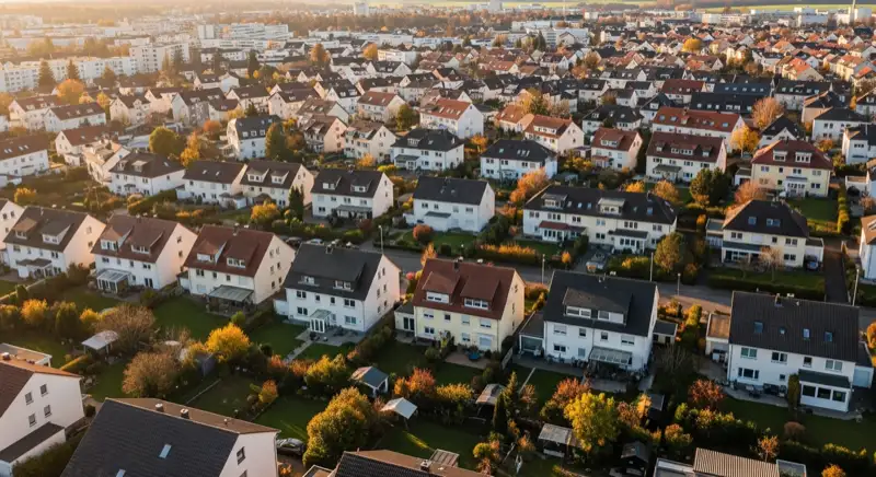 Aerial drone view of typical German residential neighborhood with mixed roof types, red and dark roof tiles, gardens visible, sunny day