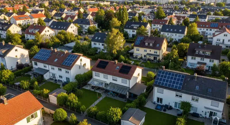 Aerial drone view of typical German residential neighborhood with mixed roof types, red and dark roof tiles, gardens visible, sunny day